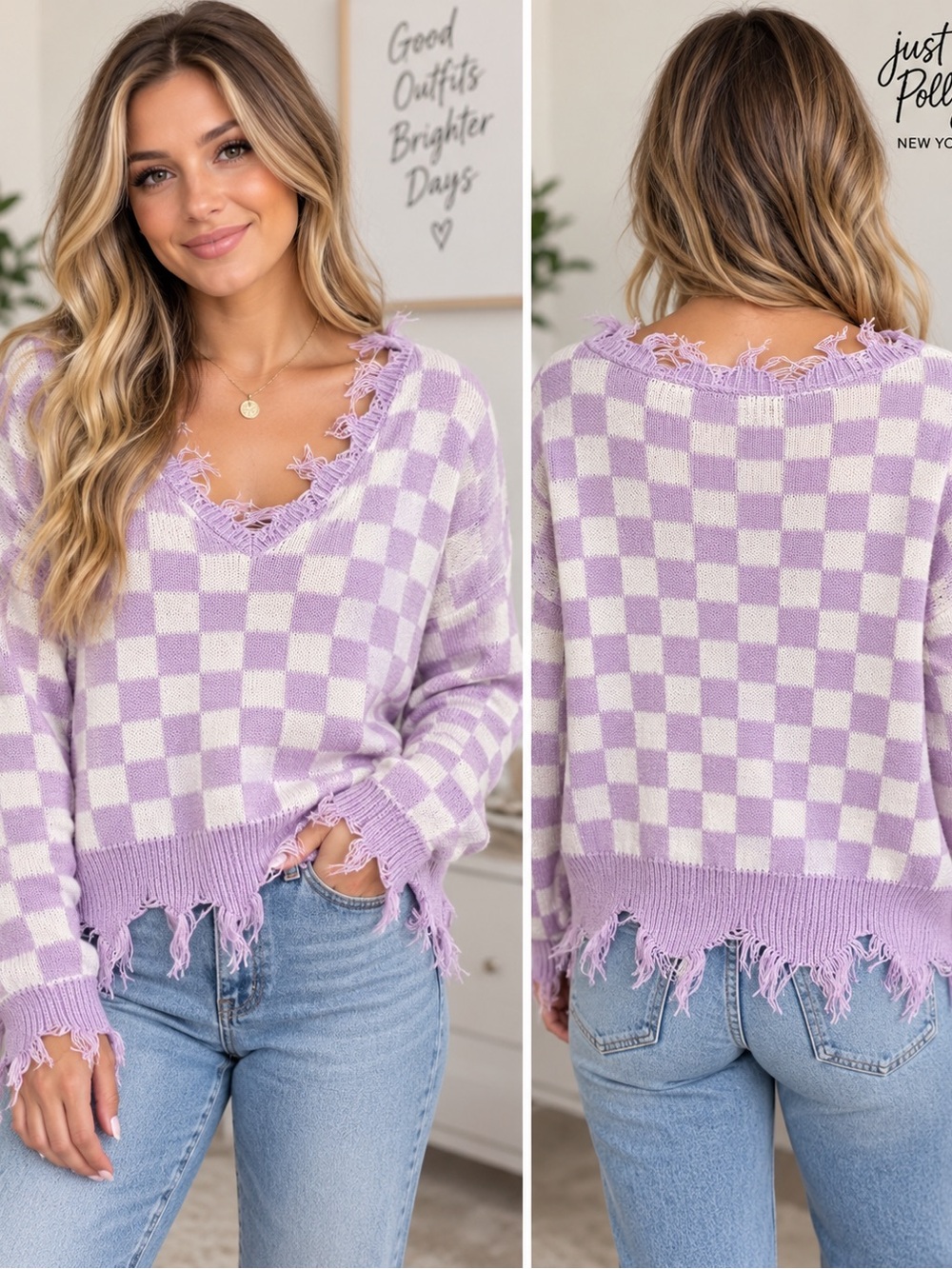 Just Polly New York Lavender Checkerboard Distressed Frayed Hem Sweater Size M